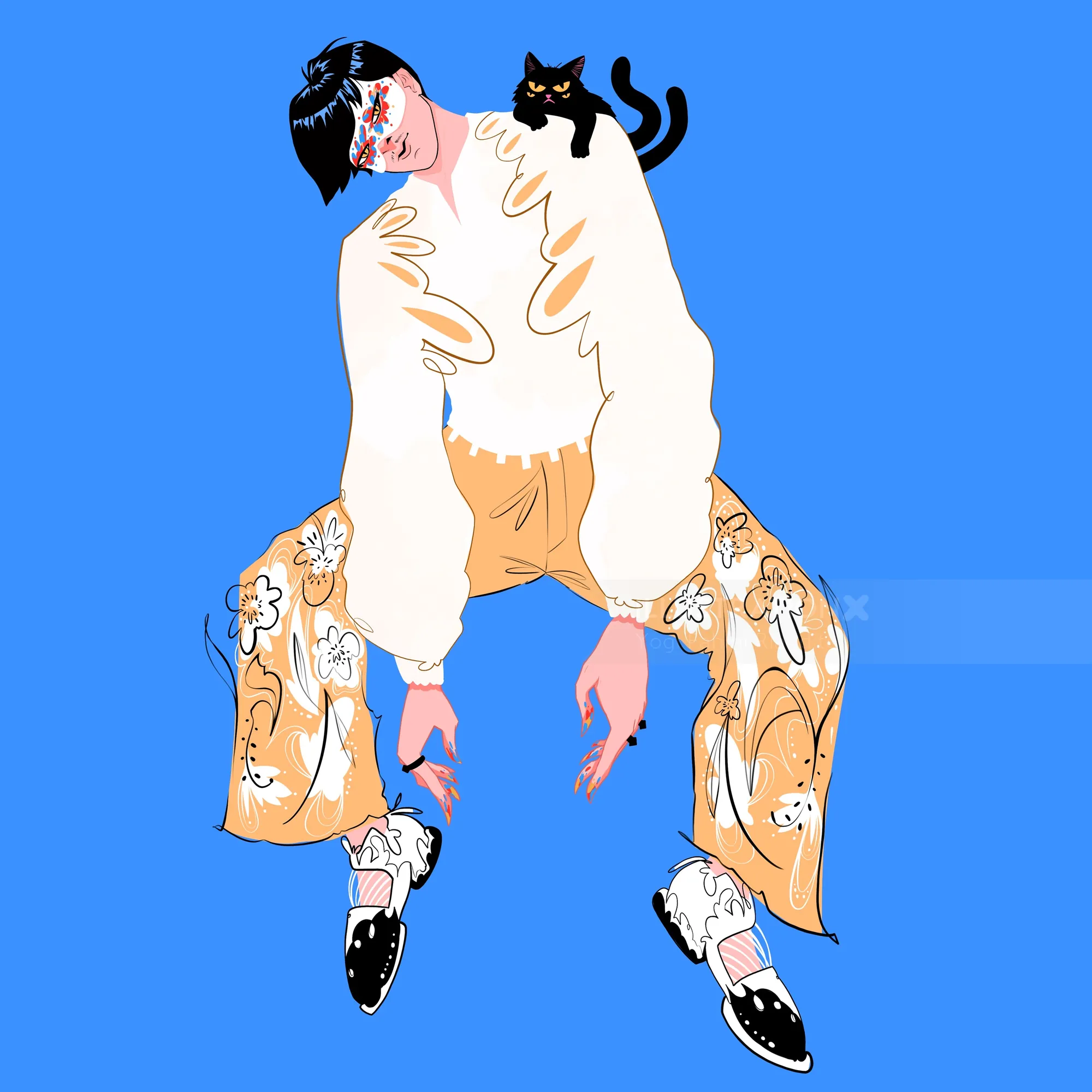 Person wearing oversized clothes with black cat on shoulder on blue background