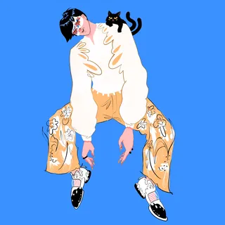 Person wearing oversized clothes with black cat on shoulder on blue background