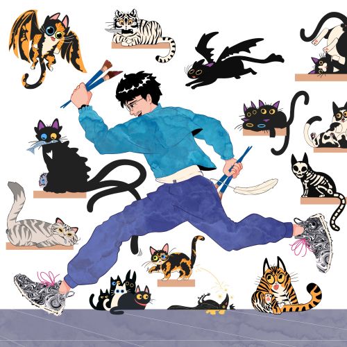 Person running among diverse cartoon cats in different poses and colors