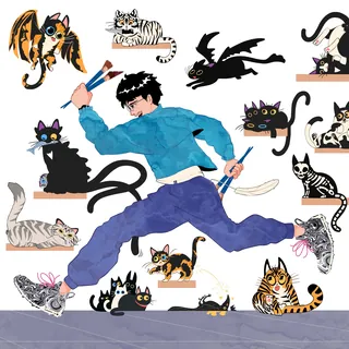 Person running among diverse cartoon cats in different poses and colors