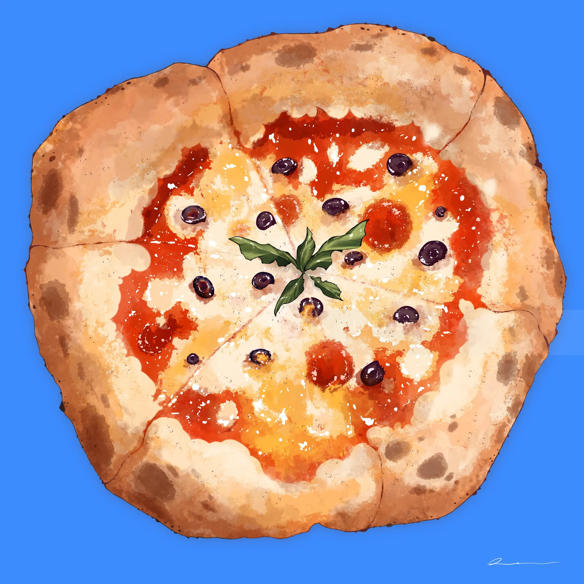 Rustic pizza topped with melted cheese, olives, and basil leaves on blue
