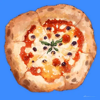 Rustic pizza topped with melted cheese, olives, and basil leaves on blue