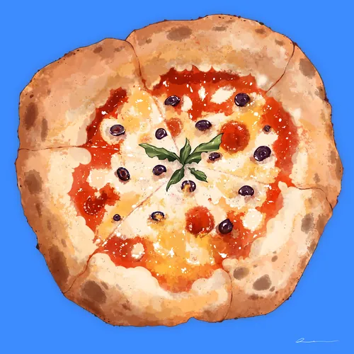 Rustic pizza topped with melted cheese, olives, and basil leaves on blue
