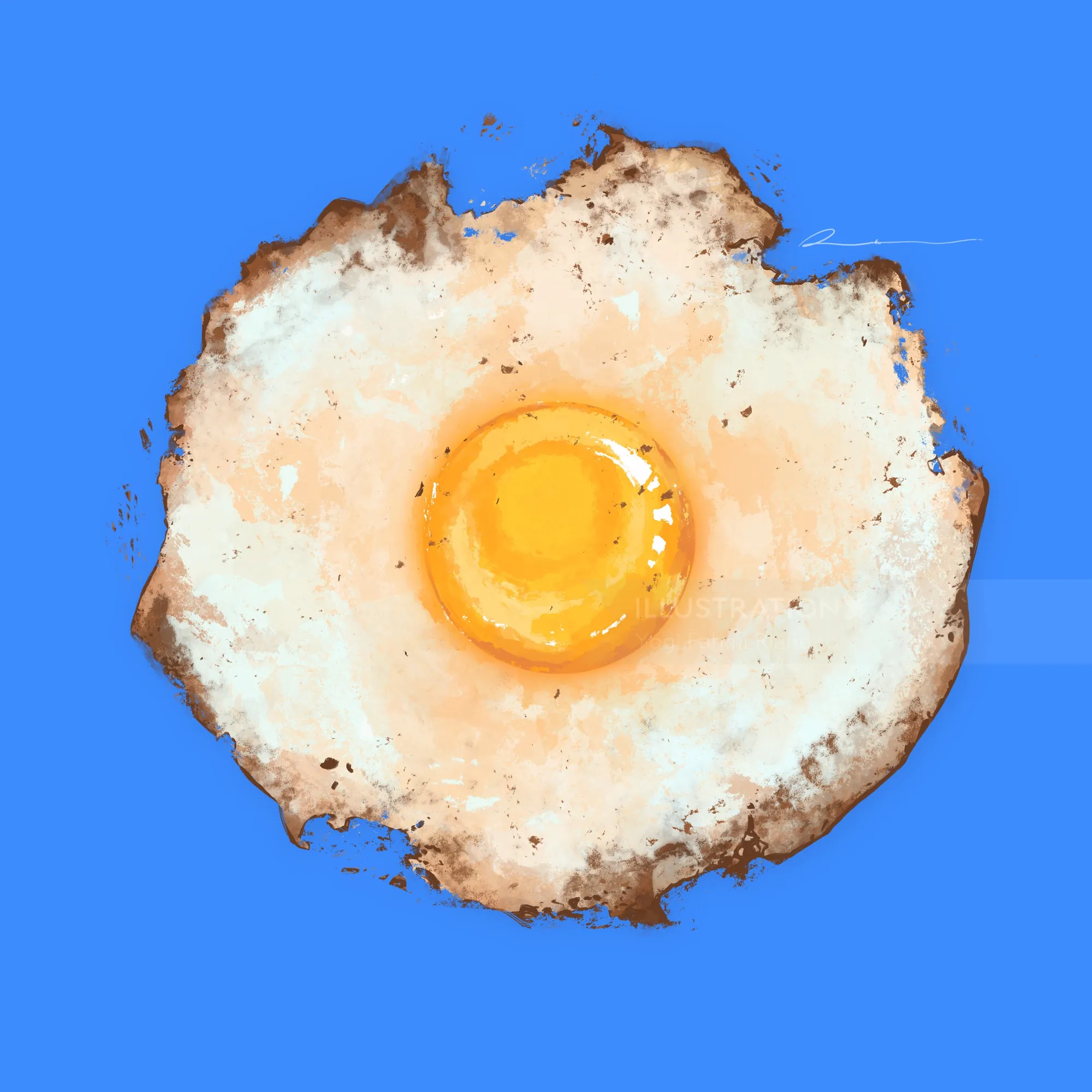 Fried egg with crispy edges on blue background