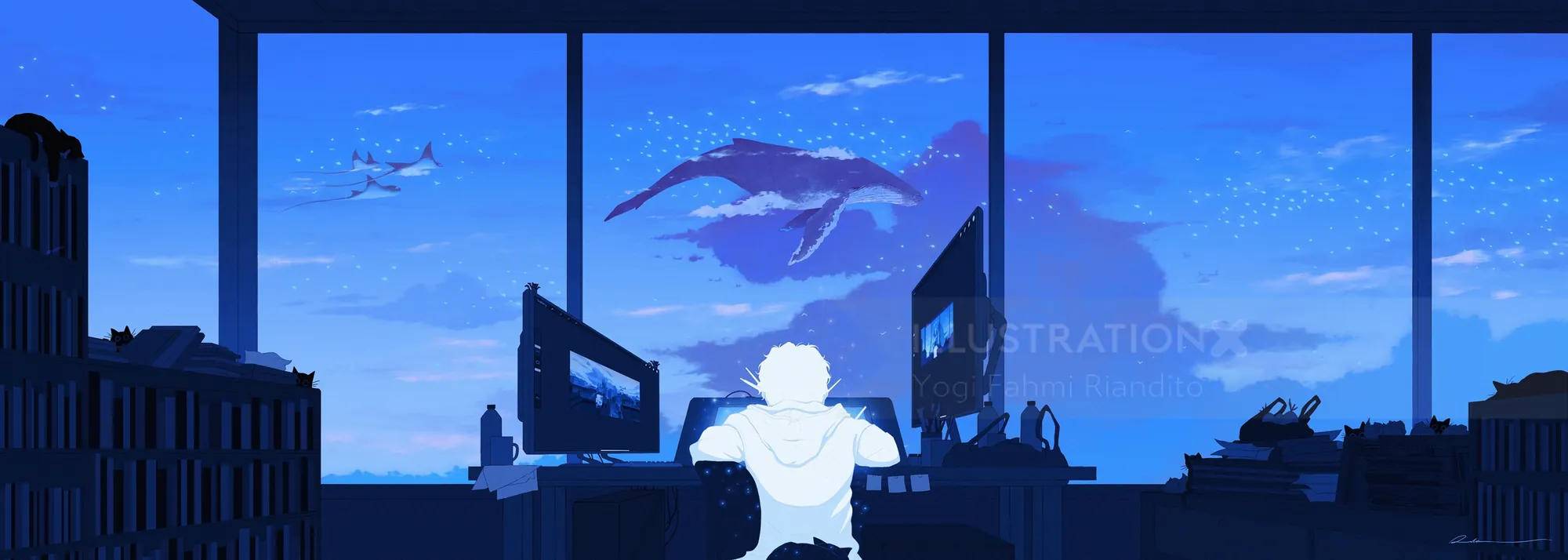 Person at desk with two monitors looking out at city and sky with airplane.