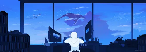 Person at desk with two monitors looking out at city and sky with airplane.