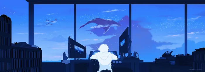 Person at desk with two monitors looking out at city and sky with airplane.