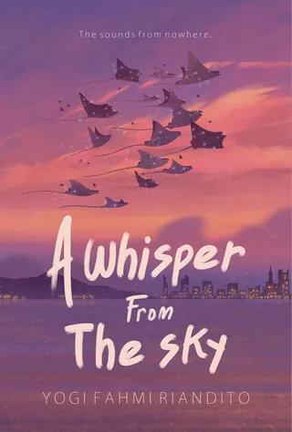 Manta rays flying over city skyline at sunset with text overlay