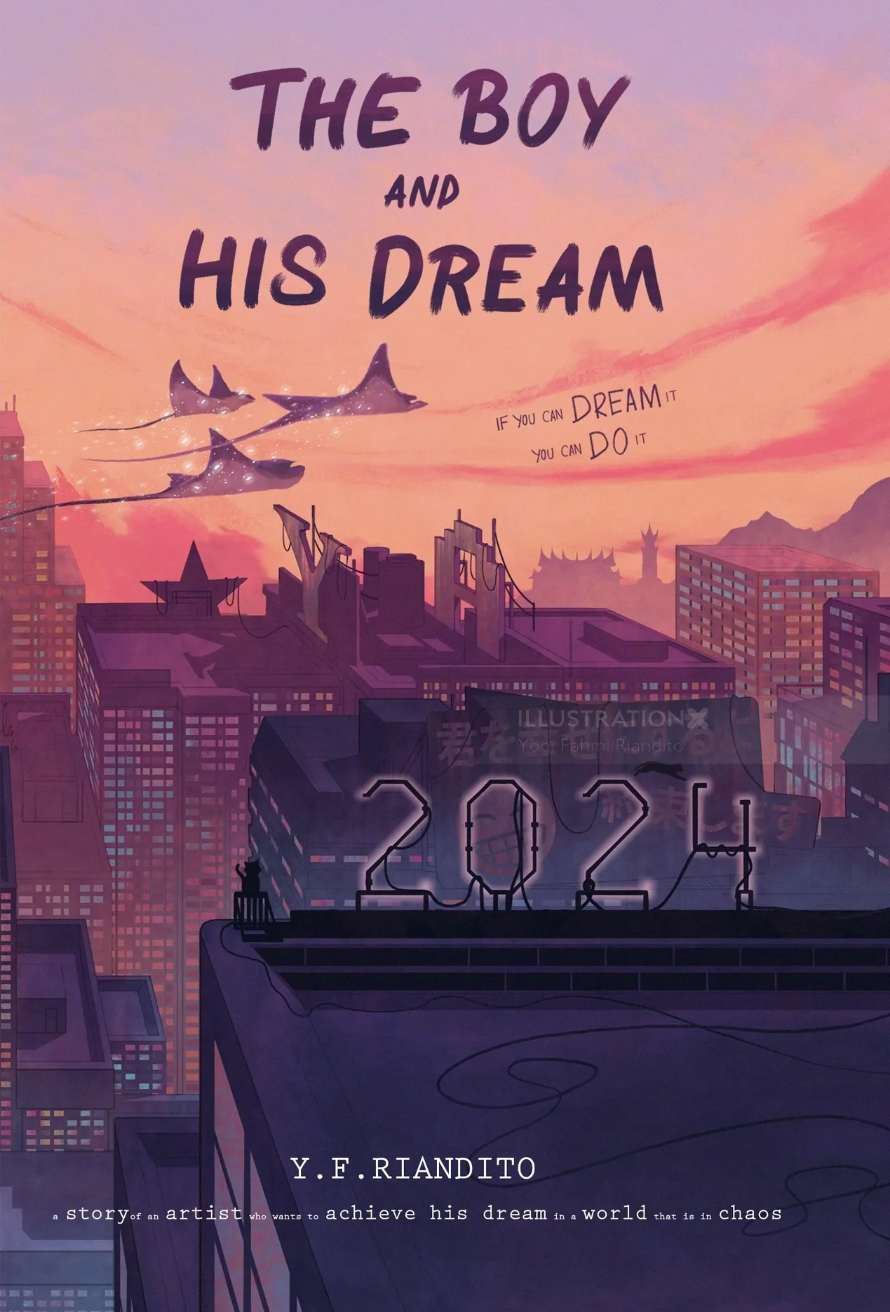 Cityscape at sunset with text The Boy and His Dream 2024 on rooftop
