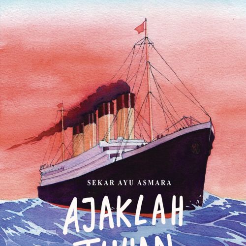 Large ship on ocean waves with red sky and Indonesian text.
