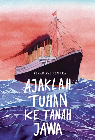 Large ship on ocean waves with red sky and Indonesian text.