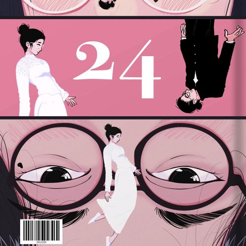 Artwork showing woman in white dress, mirrored eyes, and number 24 on pink background