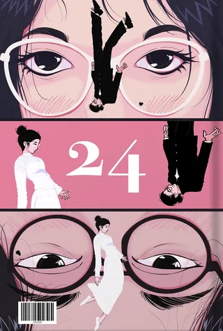 Artwork showing woman in white dress, mirrored eyes, and number 24 on pink background