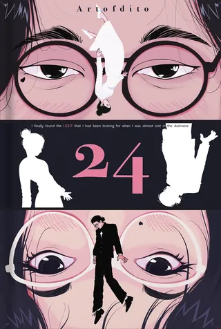 Surreal illustration with large eyes, human figures, and number 24