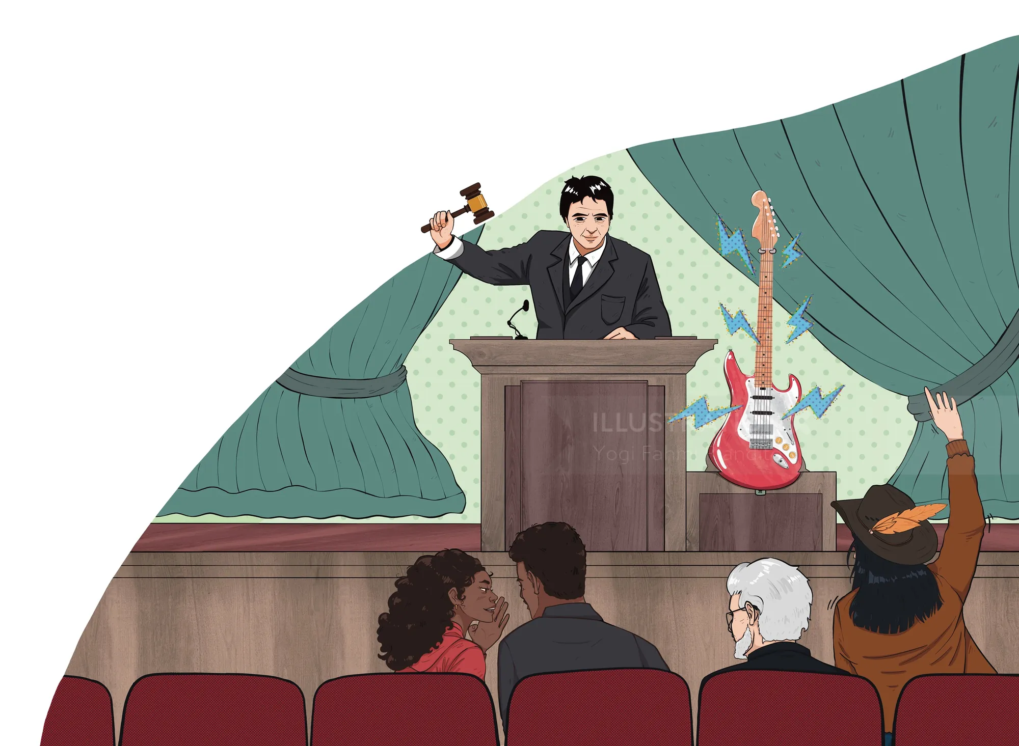 Auctioneer raising gavel near red electric guitar during auction by Yogi Fahmi Riandito