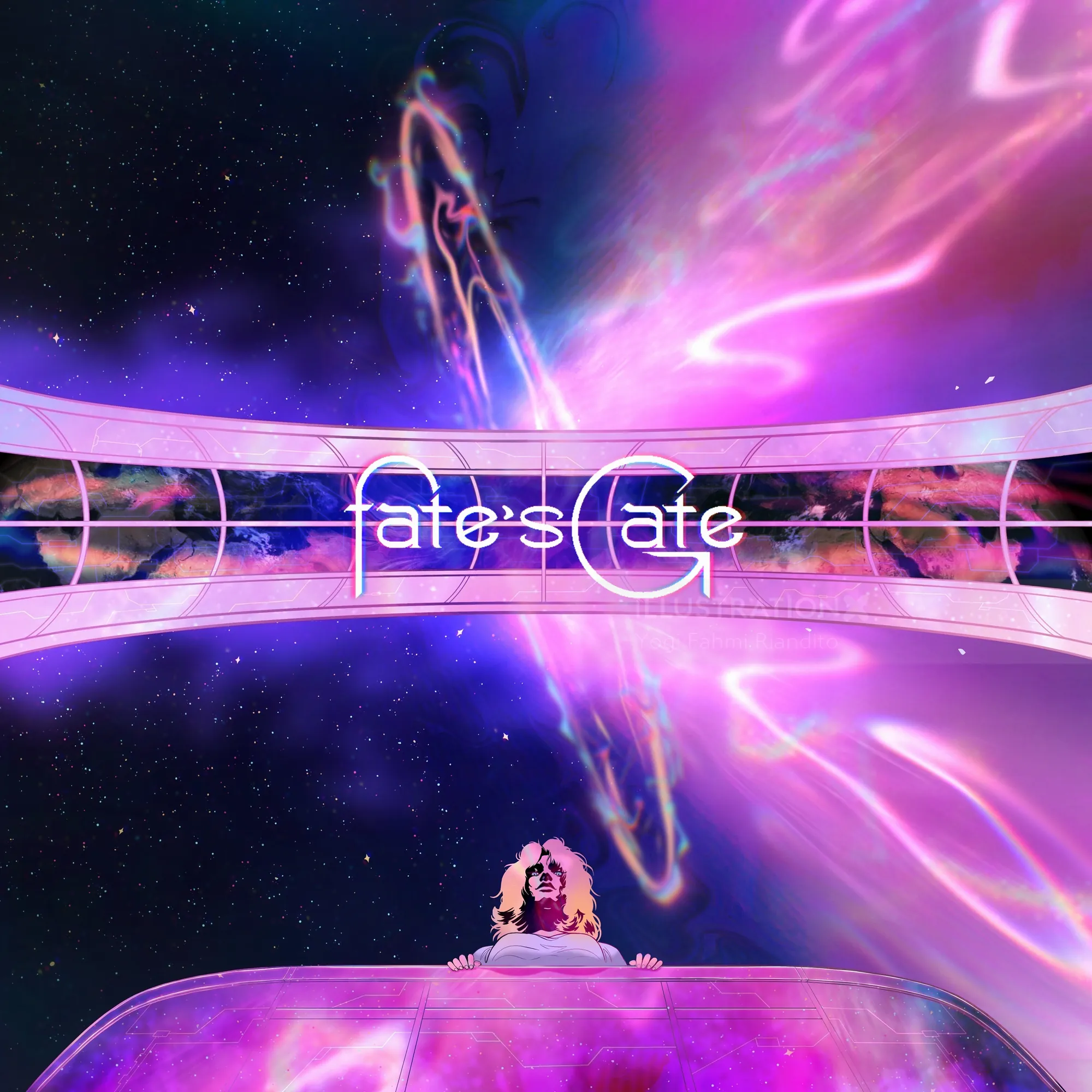 Figure facing a glowing cosmic portal with purple and pink light by Yogi Fahmi Riandito