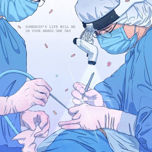 Surgeons performing surgery wearing masks and gloves by Yogi Fahmi Riandito