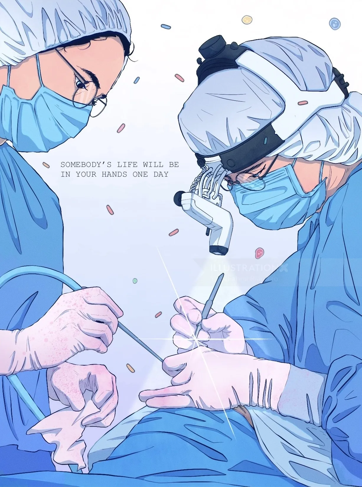 Surgeons performing surgery wearing masks and gloves by Yogi Fahmi Riandito