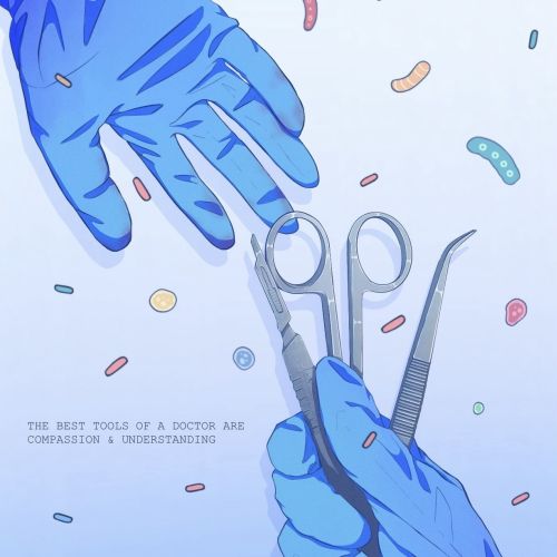 Blue-gloved hands holding medical scissors and tweezers with bacteria nearby by Yogi Fahmi Riandito