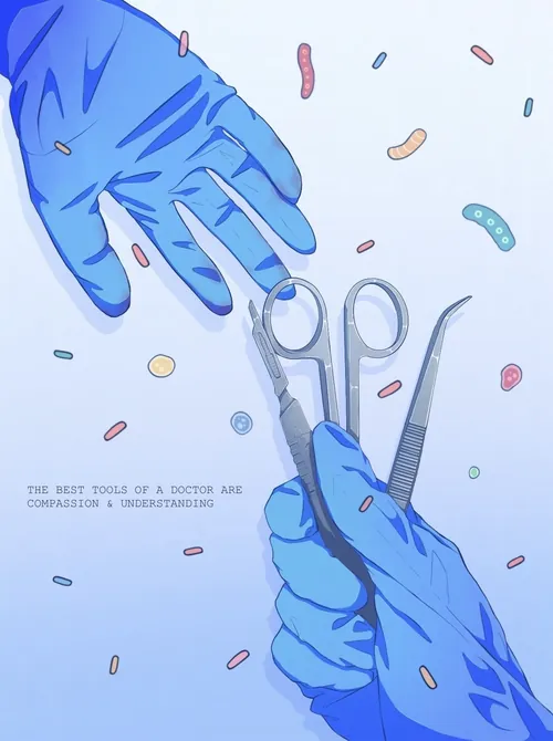 Blue-gloved hands holding medical scissors and tweezers with bacteria nearby by Yogi Fahmi Riandito