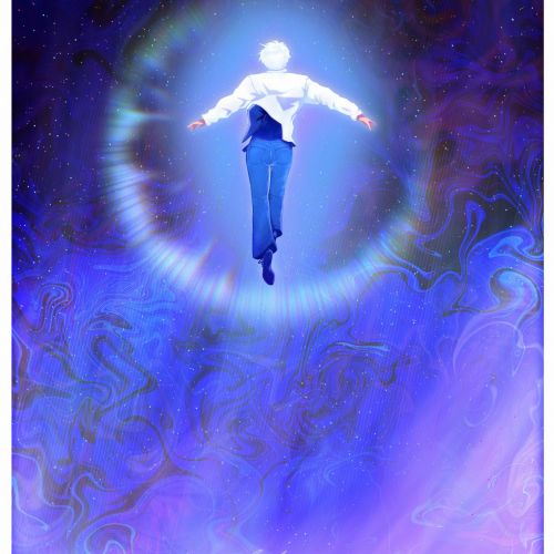 Glowing levitating figure surrounded by a blue aura, artwork by Yogi Fahmi Riandito