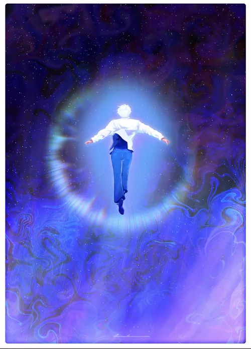 Glowing levitating figure surrounded by a blue aura, artwork by Yogi Fahmi Riandito