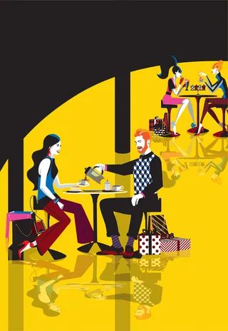 Stylized cafe scene with two couples having coffee by Yordanka Poleganova
