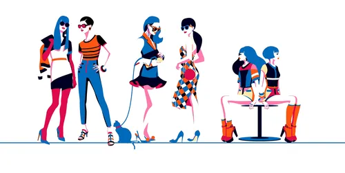Fashion illustration of five stylish women in colorful outfits by Yordanka Poleganova