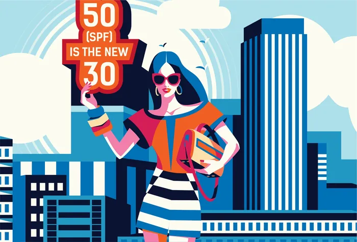 Woman holding SPF 50 sign with city buildings in background by Yordanka Poleganova