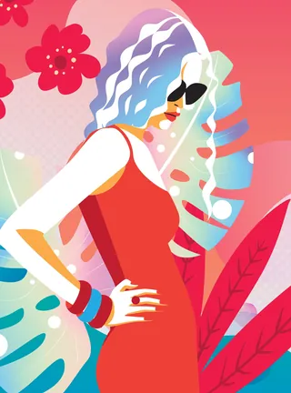 Stylized woman with wavy hair, red dress, and sunglasses by Yordanka Poleganova