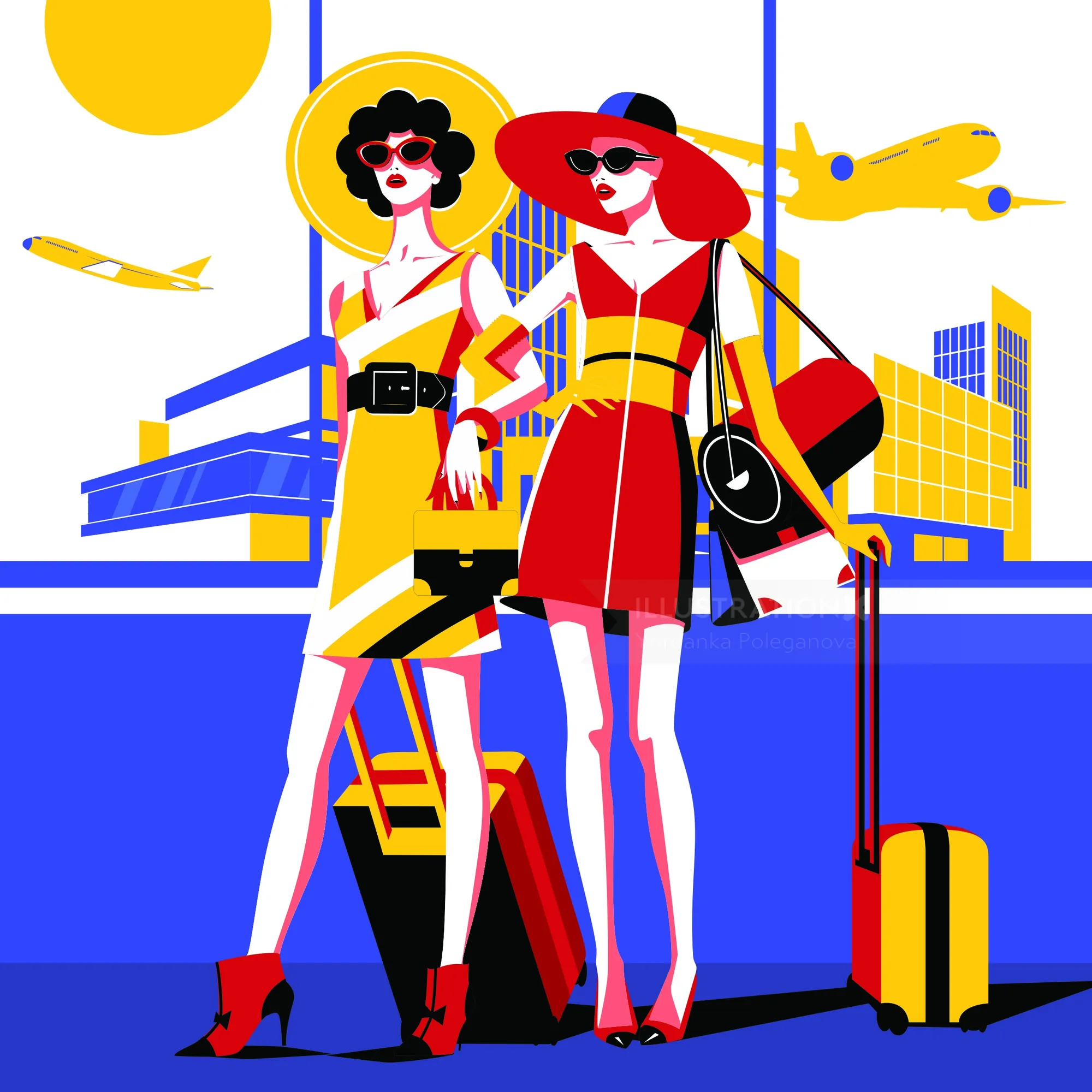 Stylish women travelers at airport with luggage by Yordanka Poleganova