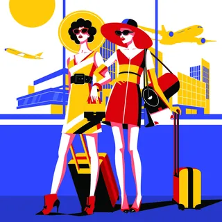 Stylish women travelers at airport with luggage by Yordanka Poleganova