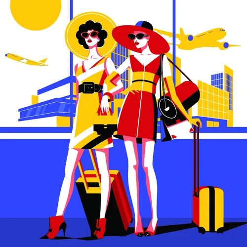Stylish women travelers at airport with luggage by Yordanka Poleganova