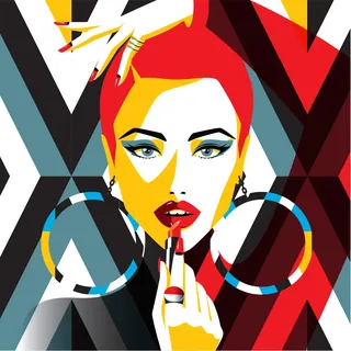 Geometric style portrait of a woman applying red lipstick by Yordanka Poleganova