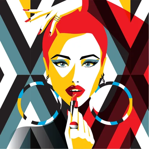 Geometric style portrait of a woman applying red lipstick by Yordanka Poleganova