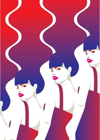 Stylized illustration of three women with blue hair red lips by Yordanka Poleganova