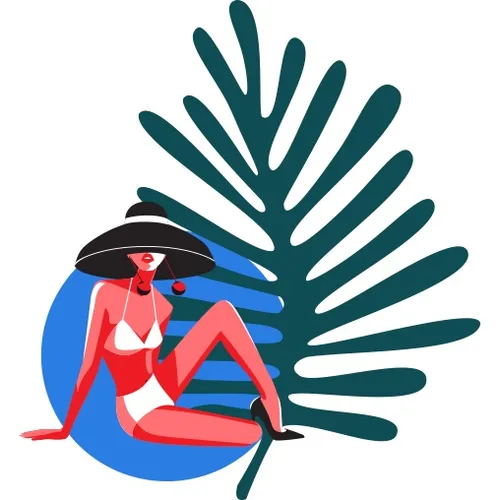 Stylized woman in red bikini and large black hat near tropical leaves by Yordanka Poleganova