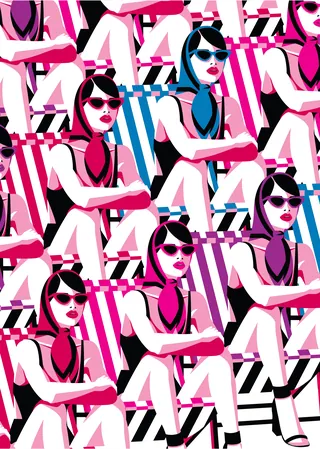 Pattern of stylized women in sunglasses on striped beach chairs by Yordanka Poleganova