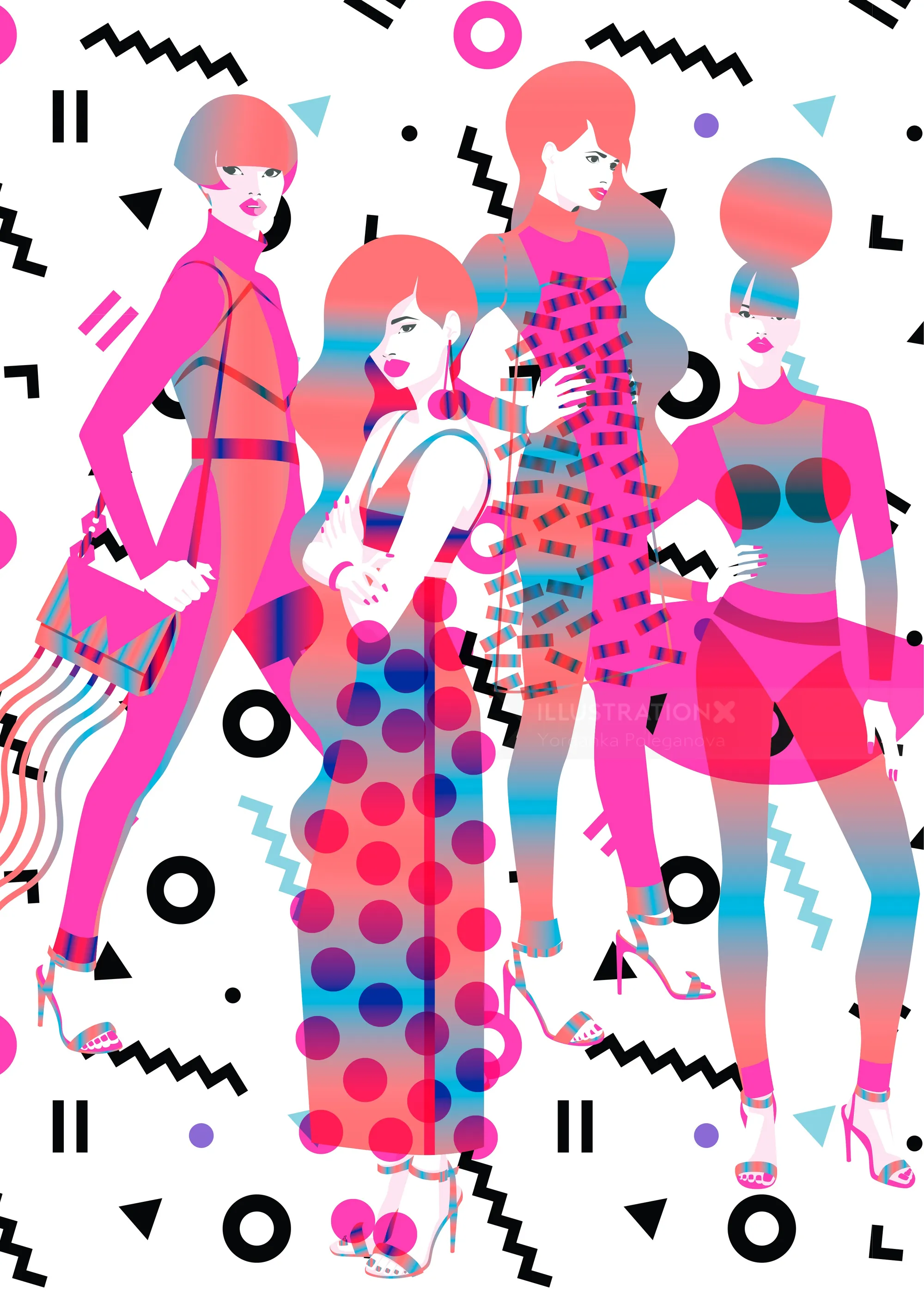 Colorful abstract illustration of four women with geometric patterns by Yordanka Poleganova