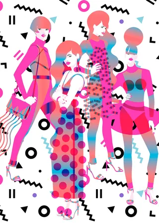 Colorful abstract illustration of four women with geometric patterns by Yordanka Poleganova