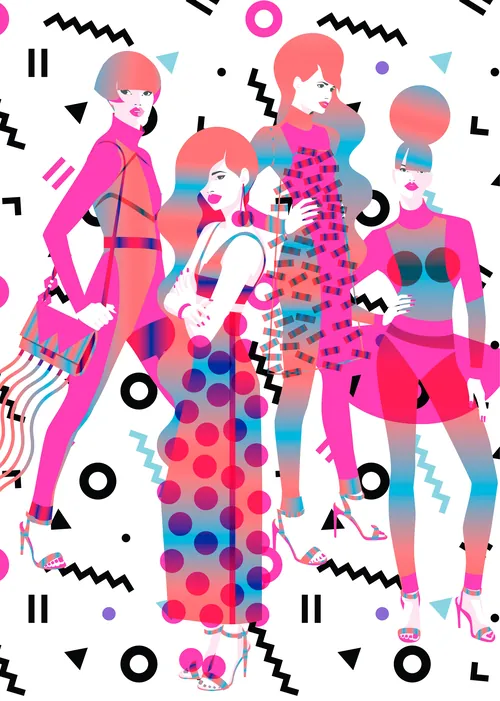 Colorful abstract illustration of four women with geometric patterns by Yordanka Poleganova