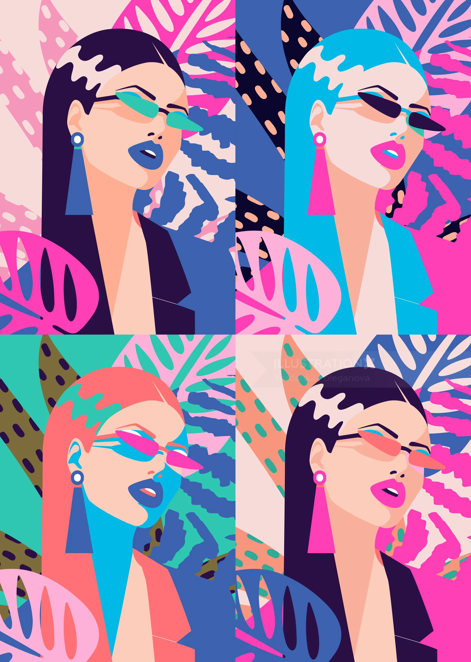 Pop art woman portraits in four colorful styles by Yordanka Poleganova