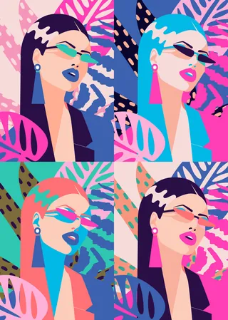 Pop art woman portraits in four colorful styles by Yordanka Poleganova