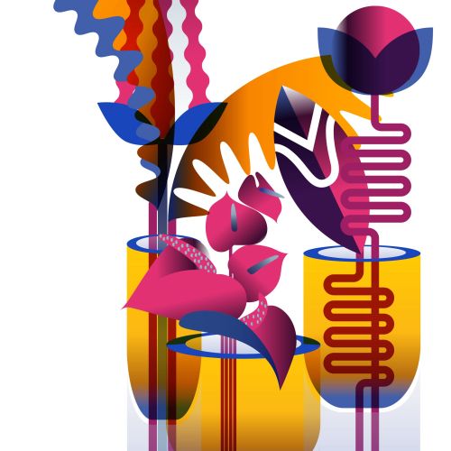 Abstract flowers and geometric shapes in vases by Yordanka Poleganova