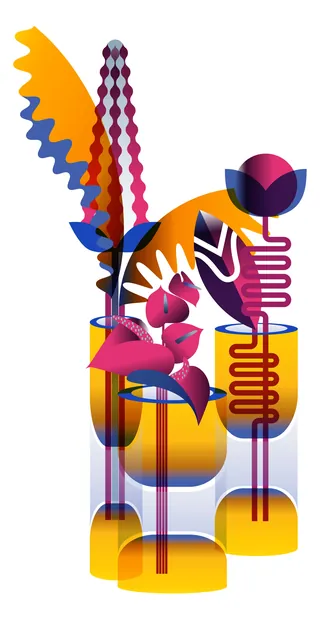 Abstract flowers and geometric shapes in vases by Yordanka Poleganova