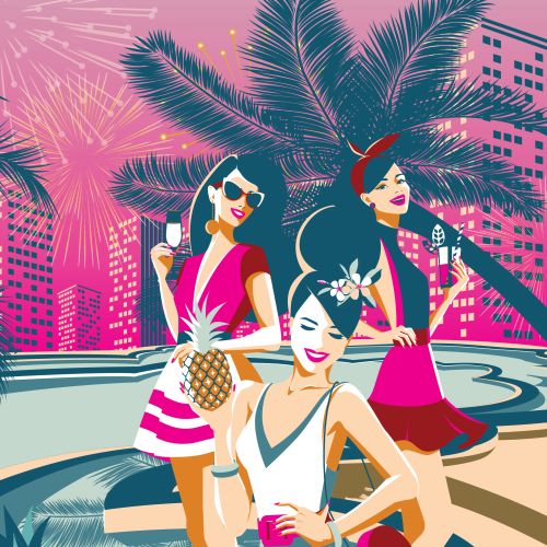 Three women at a retro pool party with tropical drinks by Yordanka Poleganova