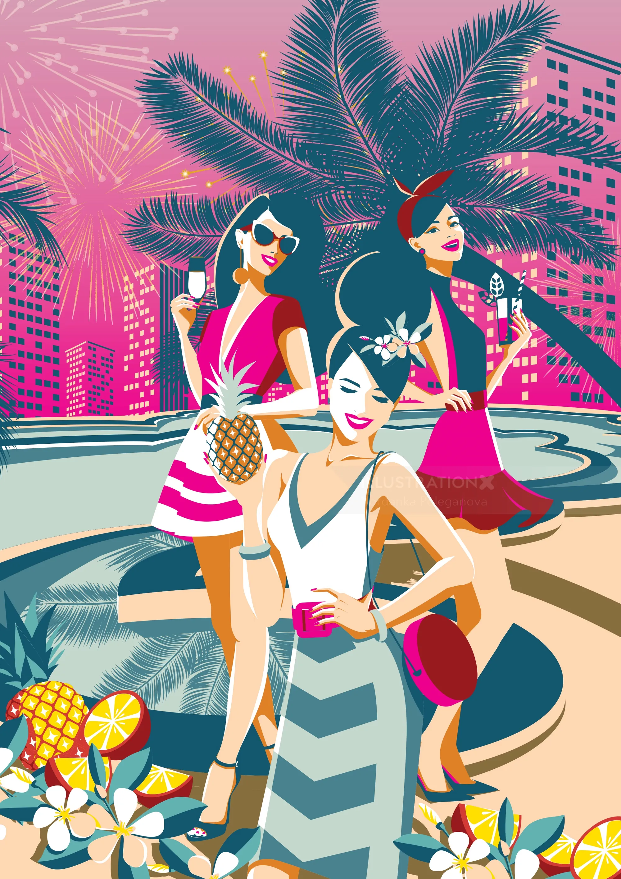 Three women at a retro pool party with tropical drinks by Yordanka Poleganova