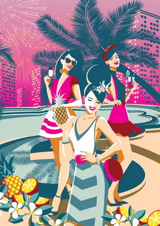 Three women at a retro pool party with tropical drinks by Yordanka Poleganova