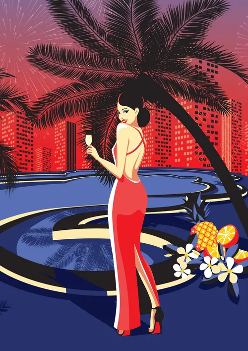 Girl with wine partying in red gown