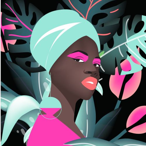 Stylized portrait of woman with headwrap and tropical leaves by Yordanka Poleganova